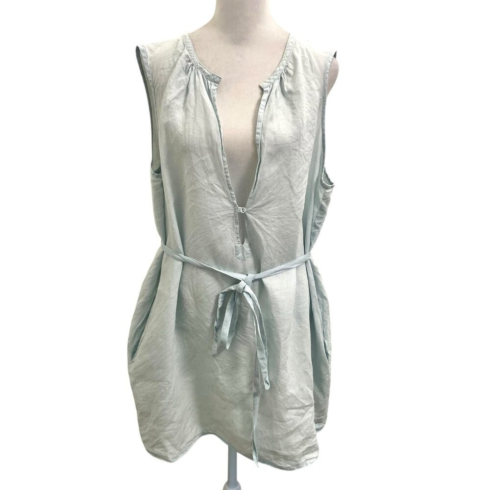 Eileen Fisher 100% Irish Linen V-Neck Belt Tunic Top Pockets Baby Blue size 1X